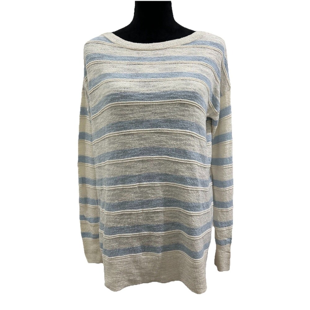 Loft Womens Sz S Top Blue White Stripe Long Sleeve Round Neck Pullover